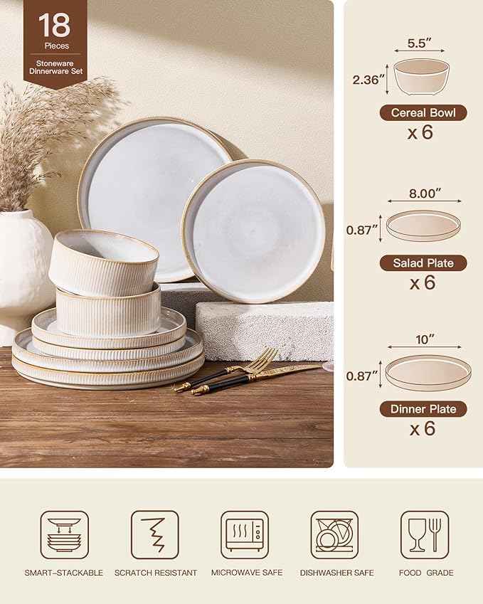 Stoneware Plates and Bowls Dishes Sets for 6 (18-Piece), Famiware Premium Handcrafted Reactive Glaze Dinnerware Set with Raised Rim, Scratch Resistant, Microwave Dishwasher Safe, Cappuccino White
