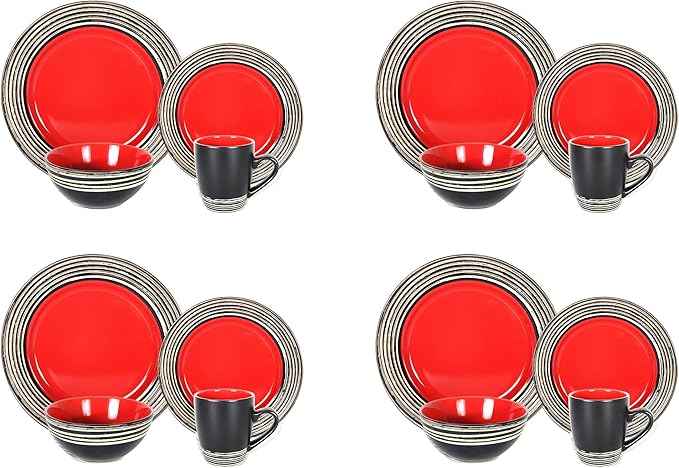 16 Piece Dinnerware Set, Ceramic Plates and Bowls Sets for 4, Microwave and Dishwasher Safe, Handcrafted Tree Bark Series Dish Set, Strawberry/Red