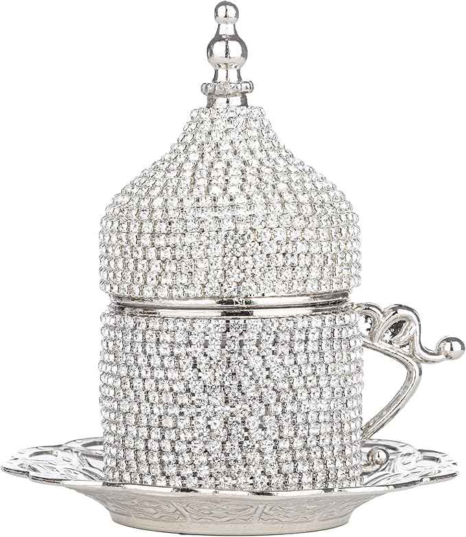 Alisveristime Crystal Embellished Turkish Coffee Set – 27 Pieces – Decorative Zamac Espresso Cups, Saucers and Sugar Bowl with Tray – Available in Three Color Variations (Silver)