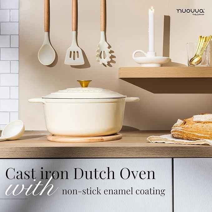 Nuovva Enamelled Cast Iron Dutch Oven Pot with Lid – 6.4 Quart Non Stick Casserole Pot – Heavy Duty & Oven Safe up to 500° F for Bread Baking, Braising, Stews, Roasting – 28cm Cream