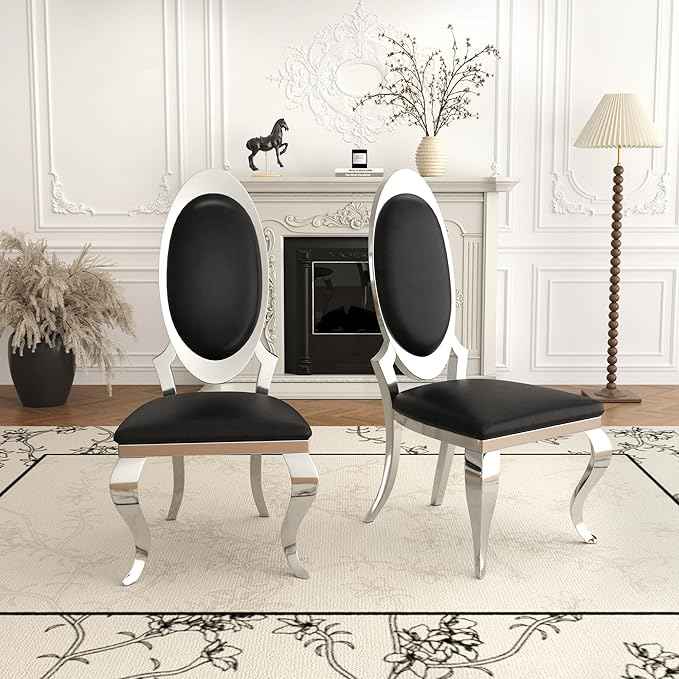 Modern Dining Chairs Set of 2, Luxury Faux Leather Upholstered Armless Dining Room Chair with Mirrored Stainless Steel Silver Legs, Mid Century Accent for Wedding Party Banquet Reception, Black