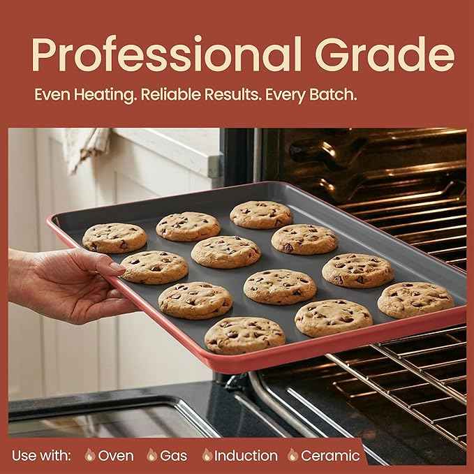 Bakken 8-Piece Ceramic Coated Bakeware Sets, Nonstick Aluminized Steel Pans with Muffin, Loaf, Cake, Roasting Pan, & Cooling Rack, Oven Safe Up To 500°F, Dishwasher Safe, BPA, PTFE & PFAS Free, Pink