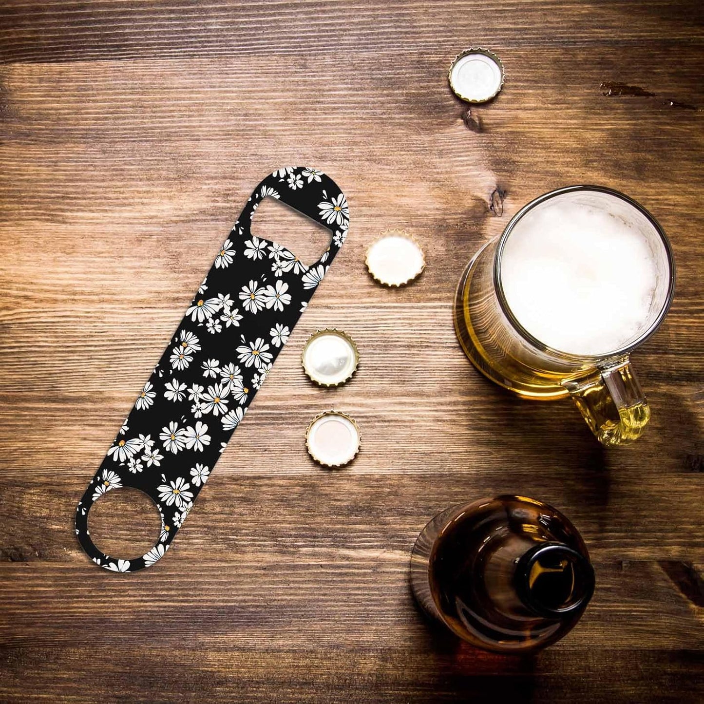 Daisy Print Stainless Steel Bottle Opener Delicate White Flower Blossom Pattern Pretty Floral Petal Flat Beer Bottle Opener Keychain for Home Kitchen Bar Restaurant Party Birthday Gift