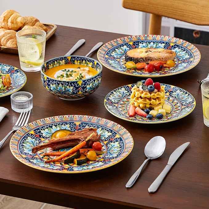 vancasso 12 Pieces Dinnerware Sets, Yellow Plates and Bowls Set, Porcelain Dishes Set for 4, Microwave and Dishwasher Safe, Scratch Resistant, Bohemian Style Dining Ware Service for 4, Series SIMI