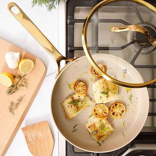 Bloomhouse - Two Time Oprah's Favorite Things Winner - 10 Inch Heavy Duty Aluminum Premium PFA Free Ceramic Nonstick Saute/Deep Frying Pan Skillet with Lid - Almond Cream w/Gold Handle
