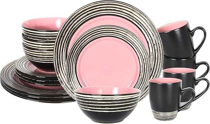 16 Piece Dinnerware Set, Ceramic Plates and Bowls Sets for 4, Microwave and Dishwasher Safe, Handcrafted Tree Bark Series Dish Set, Rose/Pink