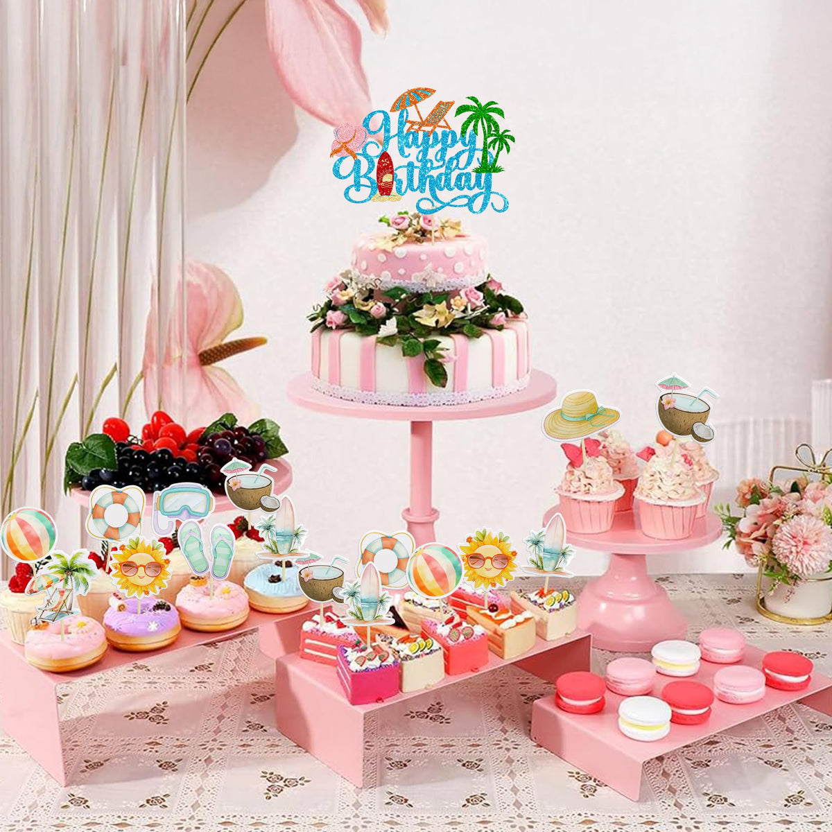 37Pcs Summer Beach Pool Cupcake Toppers Glitter Beach Happy Birthday Cake Topper Ball Sun Umbrella Water Gun Cupcake Picks for Tropical Hawaii Theme Birthday Party Decorations Supplies Blue (Blue 3)