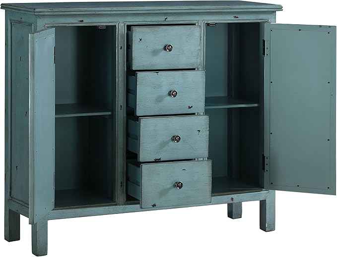 Coaster Home Furnishings - Rue - 4-Drawer Wood Accent Cabinet with Farmhouse Style, Trellis Pattern, Doors & Shelves - Living Room, Entryway & Home Kitchen - Blue - 950736