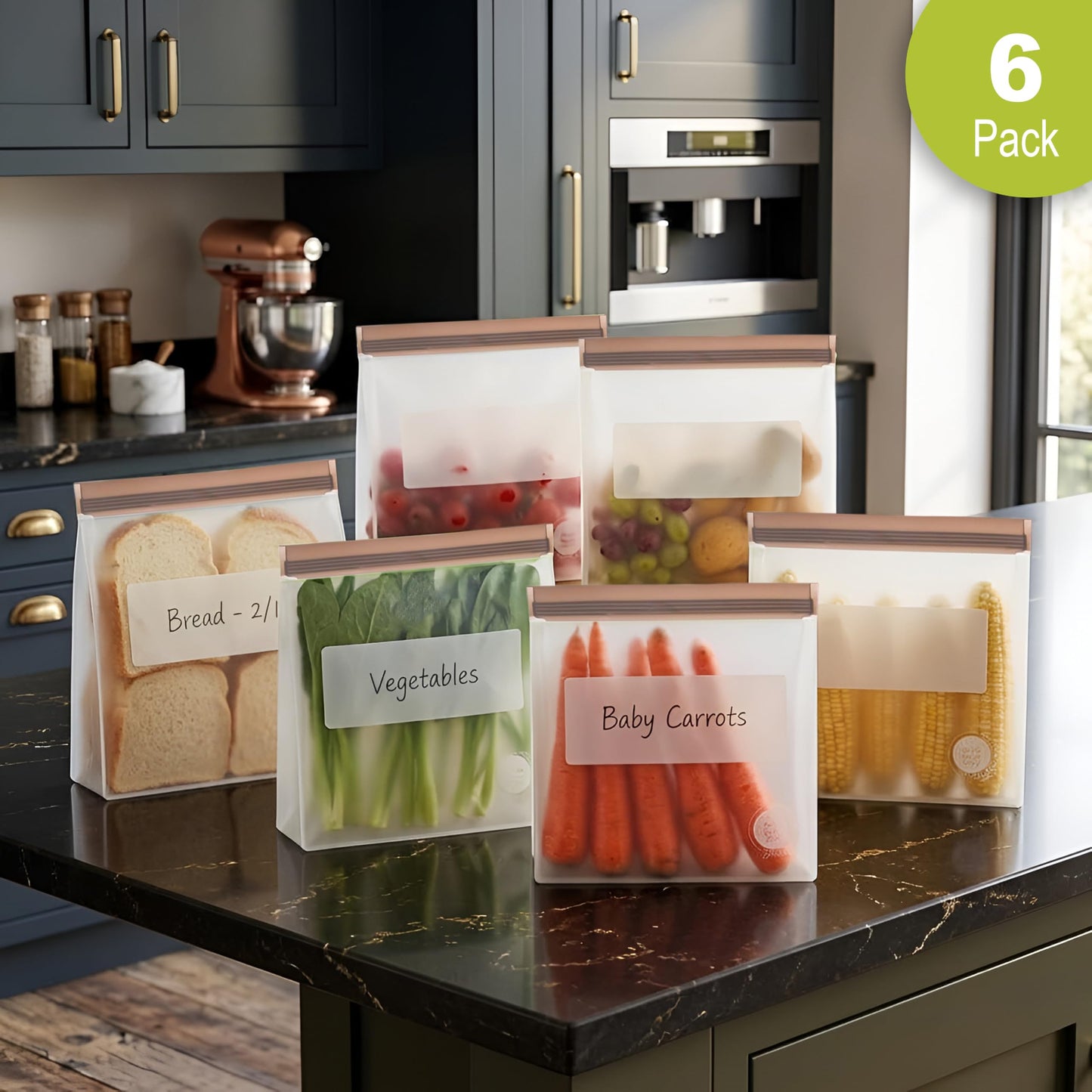 Reusable Food Storage Bags (6 Pack of 6 Gallon Bags (Grey))