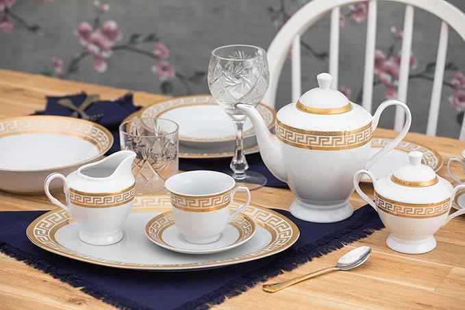Porcelain Dinnerware Set for 8 - Luxurious 49 Piece Dish Set - White and Gold Greek Key Design - Dinner Plates, Bowls, Cups and Saucers for Everyday Dishes or Formal Occasions (Meander Gold 2049)