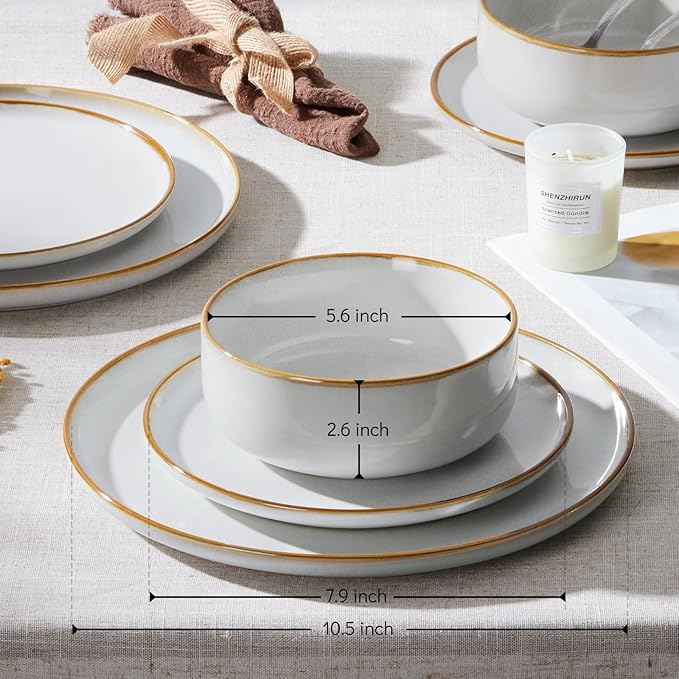 E-far Dinnerware Sets for 6, 18-Piece Stoneware Plates and Bowls Set, Reactive Glaze Dinning Ware Dishes Set, Microwave & Dishwasher Safe - Seashell White