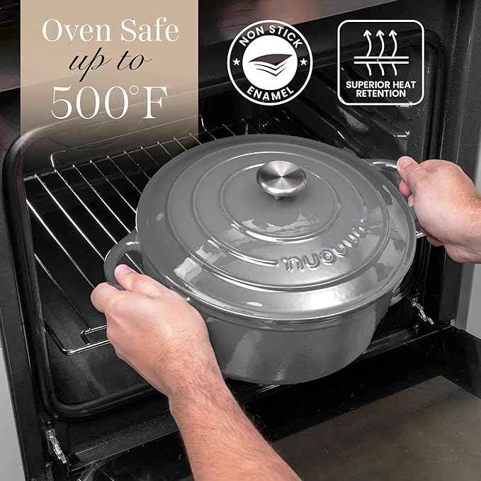 Nuovva Enamelled Cast Iron Dutch Oven Pot with Lid – 6.4 Quart Non Stick Casserole Pot – Heavy Duty & Oven Safe up to 500° F for Bread Baking, Braising, Stews, Roasting – 28cm Grey