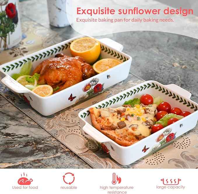 ACMLIFE Ceramic Casserole Dish Set, Ceramic Baking Dish for Oven, Casserole Dish Bakeware Set, Casserole Dishes for Oven, Lasagna Pan, Large Baking Dishes with Handles, Microwave, Dishwasher Safe, Gift Packaging Floral 2 Pcs Set(13"x8"+10.3"x6.3") (Bea...