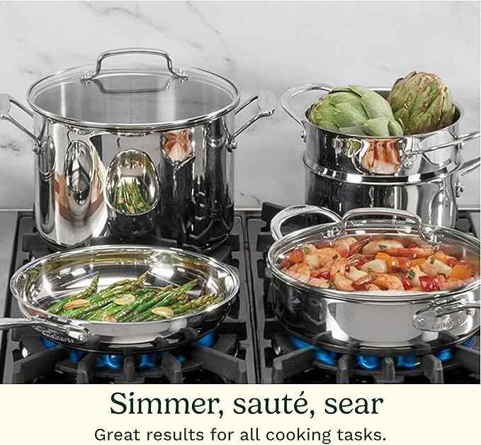 Cuisinart Chef’s Classic 11-Piece Stainless Steel Pots and Pans Set, Cookware Set Compatible with Induction, Electric, Gas Cooktops, Aluminum Core for Even Heat, Cool Grip Handles, Dishwasher Safe