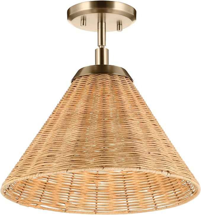 Kichler Bekah 1-Light Convertible Pendant, Global Boho LIght with Opal Glass and Handwoven Rattan Shade in Champagne Bronze, Sloped Ceiling Compatible, for Kitchen or Foyer (10.75" x 14.25"), 52728CPZ