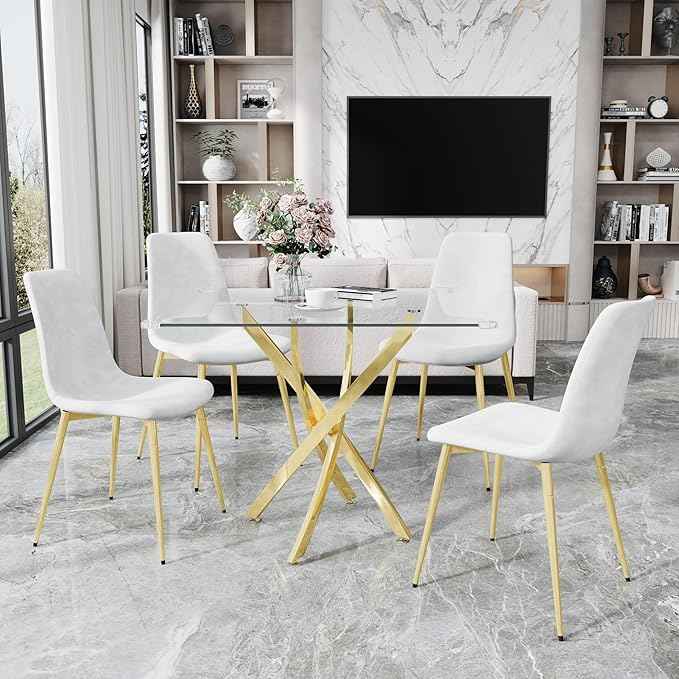AF ARTISAN FURNITURE 36" Square Glass Dining Table Set for 4, 5-Piece Modern Kitchen Table with 4 White Velvet Chairs, Modern Circle Leisure Table for Home Office Dining Room Small Spaces (Gold Leg)