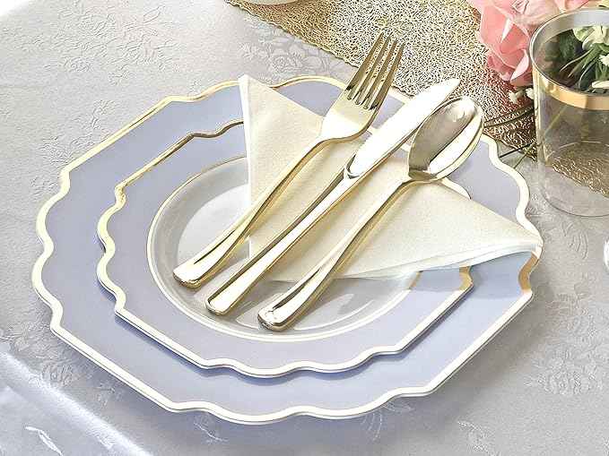 OCCASIONS FINEST 320 Piece Disposable Dinnerware Set for 40 Guests – – Heavy Duty Plastic Plates, Gold Cutlery, Cups, Napkins – Elegant Party Plates- Imperial White, Blue & Gold Collection