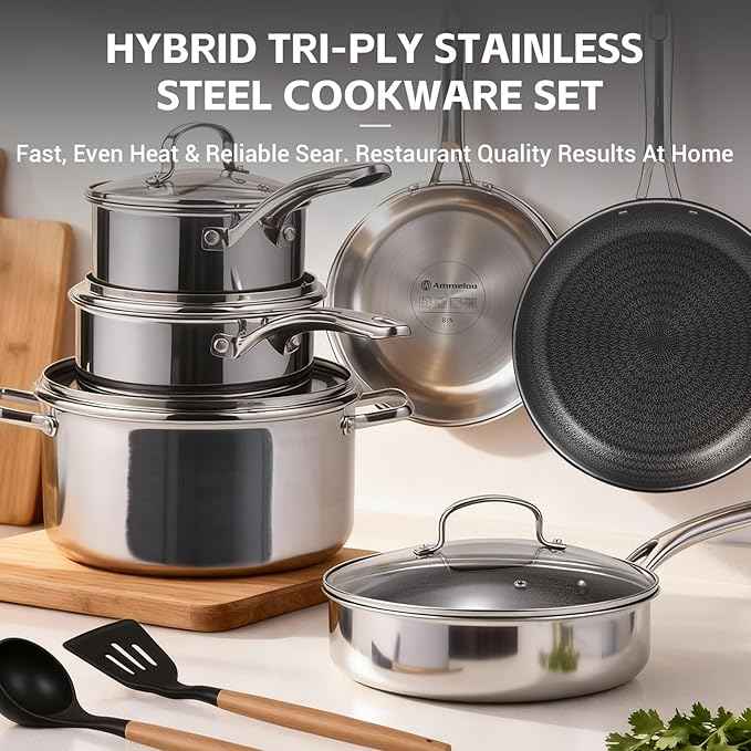 Ammeloo 17 Pcs Nonstick Stainless Steel Cookware Set, Hybrid Stainless Steel Pots and Pans Set Non Stick, Non Toxic Kitchen Cookware Sets, Dishwasher & Oven Safe, Induction & All Cooktop Compatible