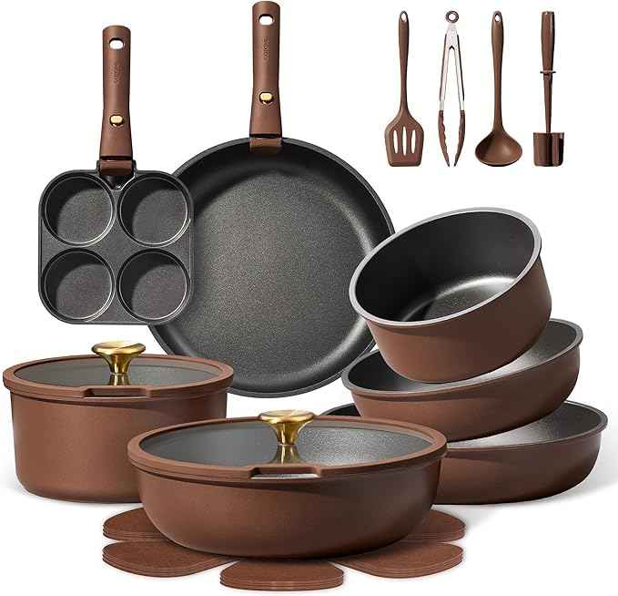 CAROTE 21pcs Pots and Pans Set, Nonstick Cookware Set Detachable Handle, Induction Kitchen Cookware Sets Non Stick with Removable Handle, RV Cookware Set, Oven Safe, Brown