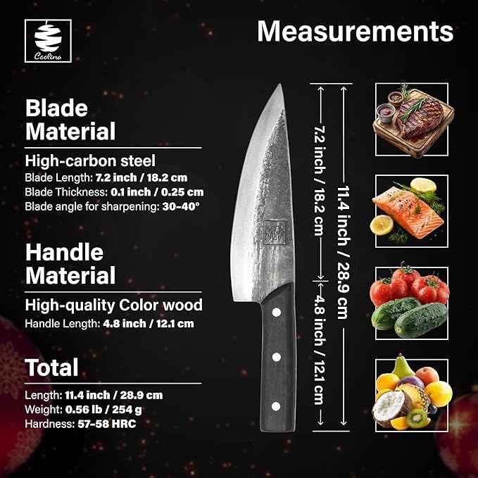 COOLINA Altomino Tungsten Steel Slicing Knife, 7.1-in Japanese Traditional Chef, Forged Hammered Kitchen Knife, Outdoor Cooking Hunting Survival Knives