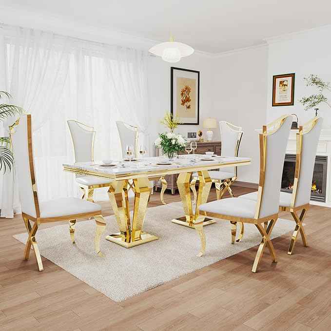 AF ARTISAN FURNITURE 7 Piece Luxury Dining Room Set, Modern Dining Table and Upholstered Chairs Set, Marble Kitchen Table Set for 6, Big Kitchen Dinner Tables Kit with Silver Base