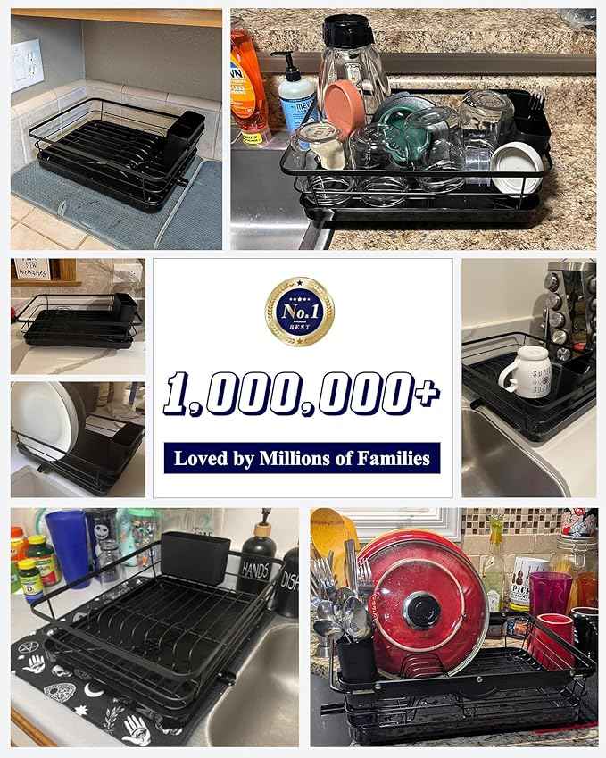 Kitsure Dish Drying Rack for Kitchen Counter, Stainless Steel Sink Organization and Storage Essentials with Cutlery Holder, Home and Appartment Decor, 12''W x 15.5''L, Black