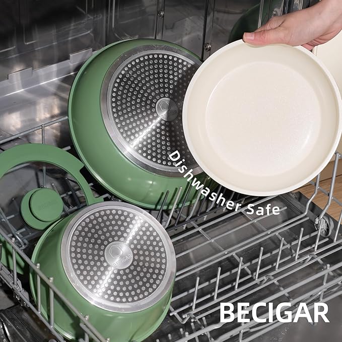 BECIGAR 8PCS Ceramic Cookware,Nonstick Ceramic Pan, Removable Handle Pots and Pans Set, Stackable Set, Nonstick Pan Pots and Pans Set Non Stick pot (Green)