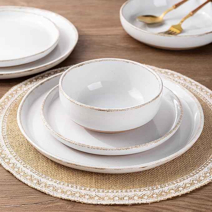 AmorArc Ceramic Dinnerware Sets for 4, 12 Pieces Handpainted Plates and Bowls Set with Rustic Terracotta Underside, Scratch Resistant Stoneware Dishes Set, Dishwasher & Microwave Safe, White