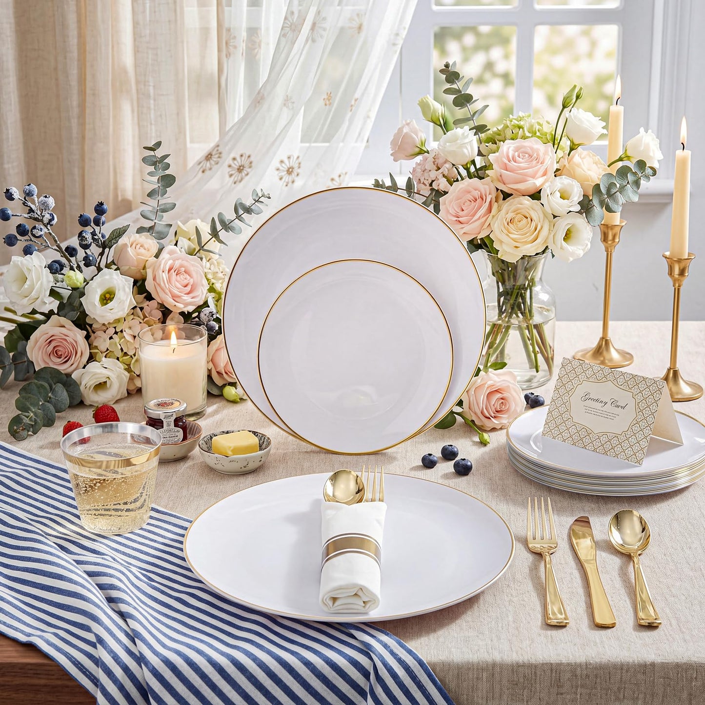200PCS Gold Plastic Plates (White and Gold / 200 count)