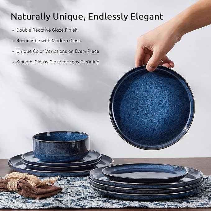 E-far Dinnerware Sets for 4, 12-Piece Stoneware Plates and Bowls Set, Ceramic Dishes Reactive Glaze Dinning Ware, Microwave & Dishwasher Safe - Deep Sea Blue
