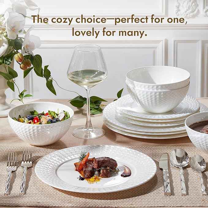 KINGSTONE Bone China Dinnerware Set, 24-Piece White Lightweight Porcelain for 8, Plates and Bowls with Rhombus patterned edge design, Microwave and Dishwasher Safe, for Family, Restaurant, Gifting