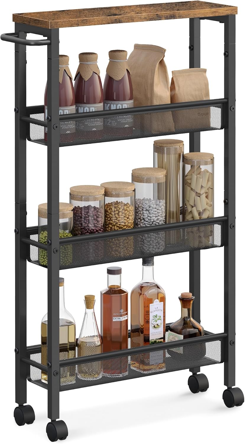 VASAGLE Slim Rolling Cart, 4-Tier Narrow Storage Cart with Handle, 5.1 Inches Deep, Metal Frame, for Kitchen, Dining Room, Living Room, Home Office, Rustic Brown and Classic Black ULRC032B01V1