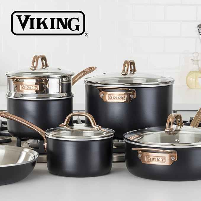 Viking 3 Ply Pots and Pans Set, 11 Piece Stainless Steel Kitchen Cookware with Glass Lids, Black with Copper