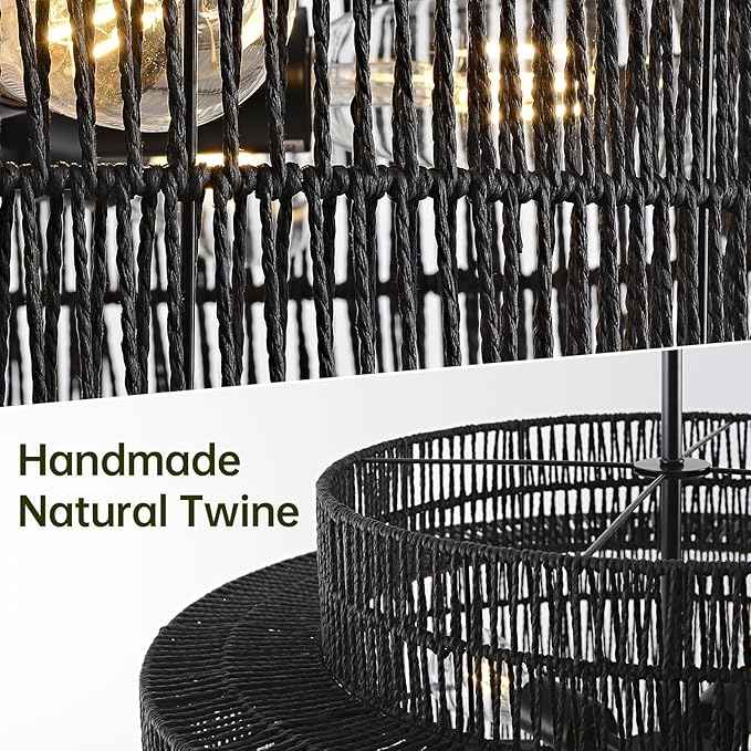 4-Light Black Boho Rattan Chandelier Light Fixture, 17.7” Hand Woven Rustic Chandeliers Farmhouse Chandelier Hanging Light for Dining Room Kitchen Island, Living Room, Foyer