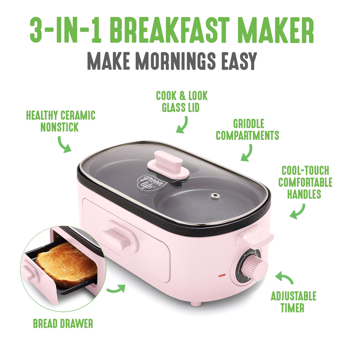 3-in-1 Breakfast Maker Station, Healthy Ceramic Nonstick Dual Griddles for Eggs Meat Sausage Bacon Pancakes and Breakfast Sandwiches, 2 Slice Toast Drawer, Easy-to-use Timer, Pink (Pink / 11" Breakfast Maker / Breakfast Maker)