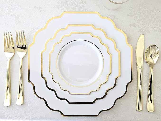 " OCCASIONS " 200 Piece set (25 Guests)-Wedding Plastic Plates & cutlery -Disposable heavyweight Dinnerware 10.5'', 8'' + Silverware + Cups + Napkins (Imperial White & Gold)