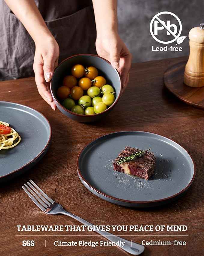 Famiware Mercury Dinnerware Sets with Mugs, Service for 6 (24 Pieces), Stoneware Plates and Bowls Sets, Microwave and Dishwasher Safe Dishes Set, Charcoal
