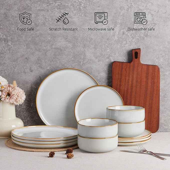 E-far Plates and Bowls Set for 8, 24-Piece Stoneware Dinnerware Sets, Ceramic Dinning Ware Reactive Glaze Dishes Set, Microwave & Dishwasher Safe - Seashell White