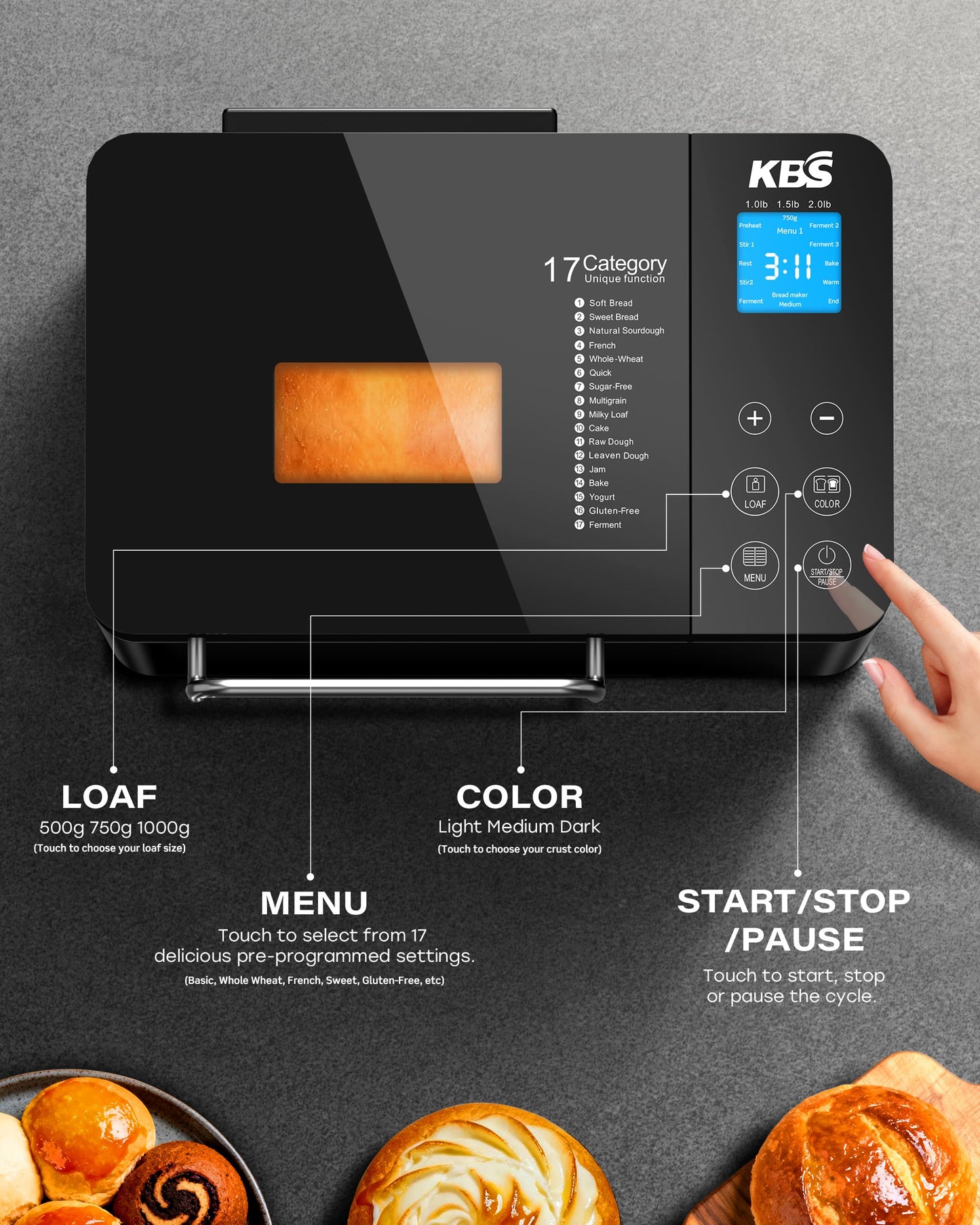 Premium 2.2LB Convection Bread Maker Dual Heaters (Black Stainless Steel)