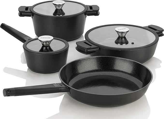 Zavor Noir 7 Piece Cookware Set - Premium Cast Aluminum with Titanium-based Nonstick Ceramic Coating & Detachable Handles - Ultra Lightweight - Induction Ready, Oven Safe & Dishwasher Safe (ZCWNR22)