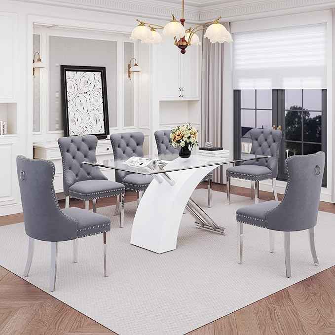 7 Piece Glass Dining Table Set for 6, 63" Modern Kitchen Table with 6 Grey Velvet Chairs, Tempered Glass Tabletop with White X-Shaped MDF Base, Modern Dining Room Set for Kitchen and Dining Room