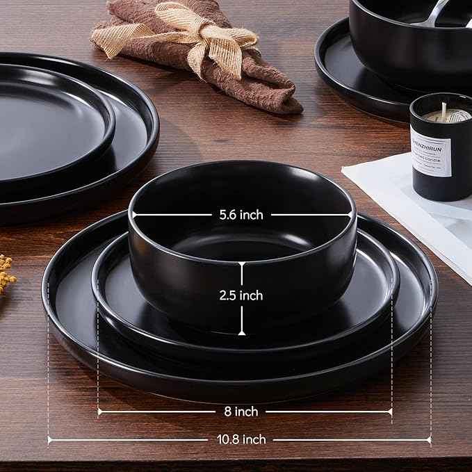 E-far Stoneware Dinnerware Sets for 2, 6-Piece Plates and Bowls Set, Modern Ceramic Dishes Dinning Ware, Microwave & Dishwasher Safe - Matte Black