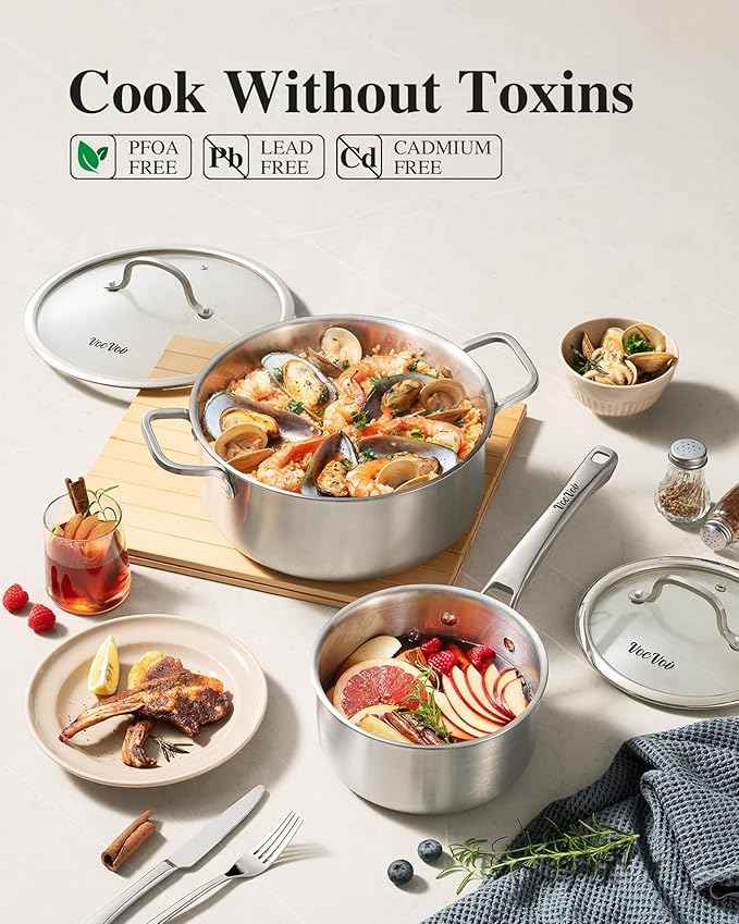 Stainless Steel Cookware Set,Tir-Ply Pots and Pans Set,10 Pcs Stainless Steel Induction Kitchen Cookware Sets,PFOA Free, Frying Pans, Butter warmer,Saute Pan & Stock Pot,Compatible with All Cooktops