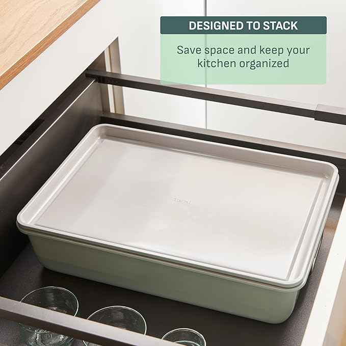 T-fal Refresh Ceramic Nonstick Baking Pans Set (5 Pieces), Roaster, 6-Cup for Muffins, Loaf, Square Baking Sheets Non Stick, Stackable Bakeware Sets, Mint Green