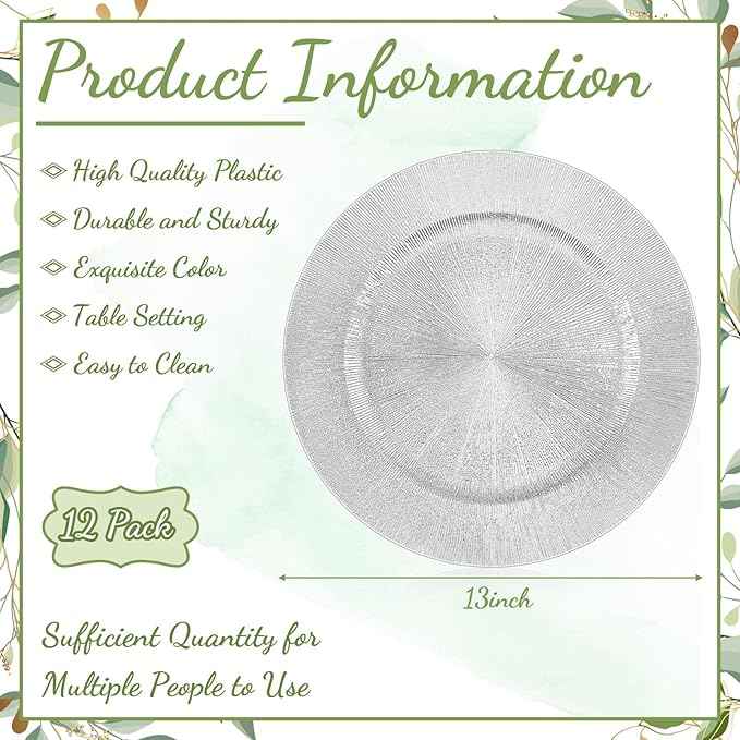Tanlade 12 Pcs Charger Plates Bulk 13 Inch Plastic Round Wedding Chargers Floral Decorative Plates with Metallic Ruffled Rim for Wedding Party, Holiday Event Supplies(Silver)