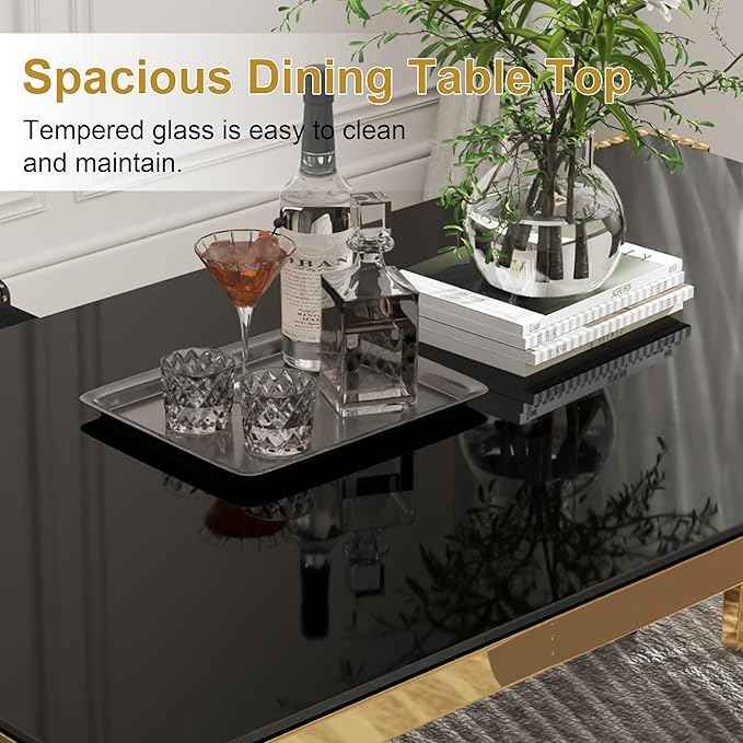 63'' Modern Glass Dining Table for 4-6 People,Black Tempered Glass Top Dining Room Table with Stainless Steel Base, Glass and Gold Dining Table for 6, Rectangle Dining Kitchen Table for Dinner