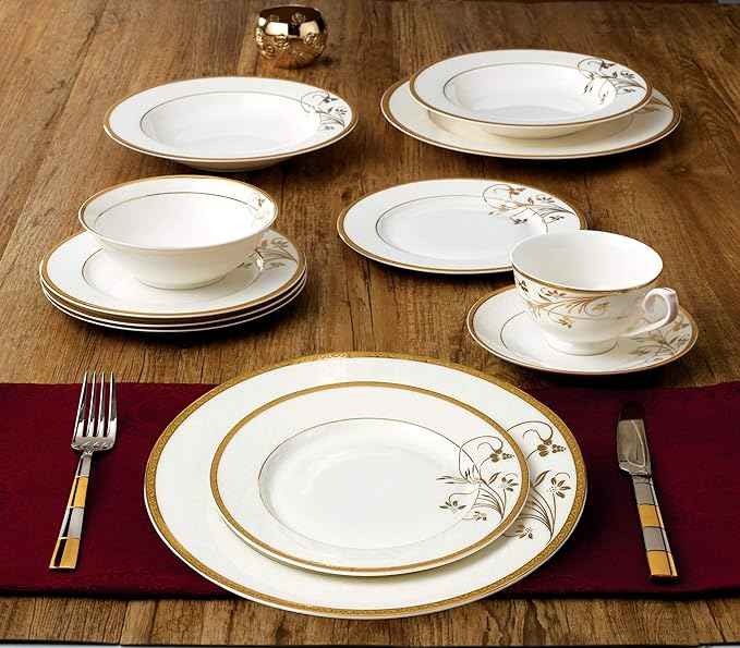 Lorren Home Trends La Luna Bone China 57-Piece 24K Gold Floral Design Dinnerware Set, Service for 8