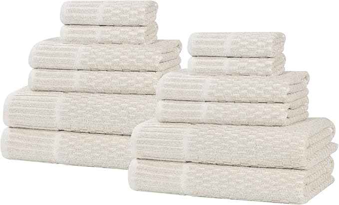 Superior Juno Viscose Cotton Blend Medium Weight Towels, for Bathroom, Shower, Spa, Plush, Quick Dry, Ultra-Soft Towels, Bath Essentials, Border Detail, 12 Piece Assorted Towel Set, Beige