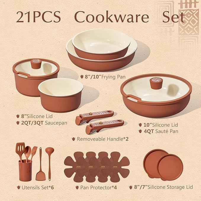 CAROTE 21-Piece Ceramic Cookware Set, Nonstick Pots and Pans Set with Detachable Handle, Non-Toxic Kitchen Cooking Set, Induction Compatible, Dishwasher & Oven Safe, Terracotta