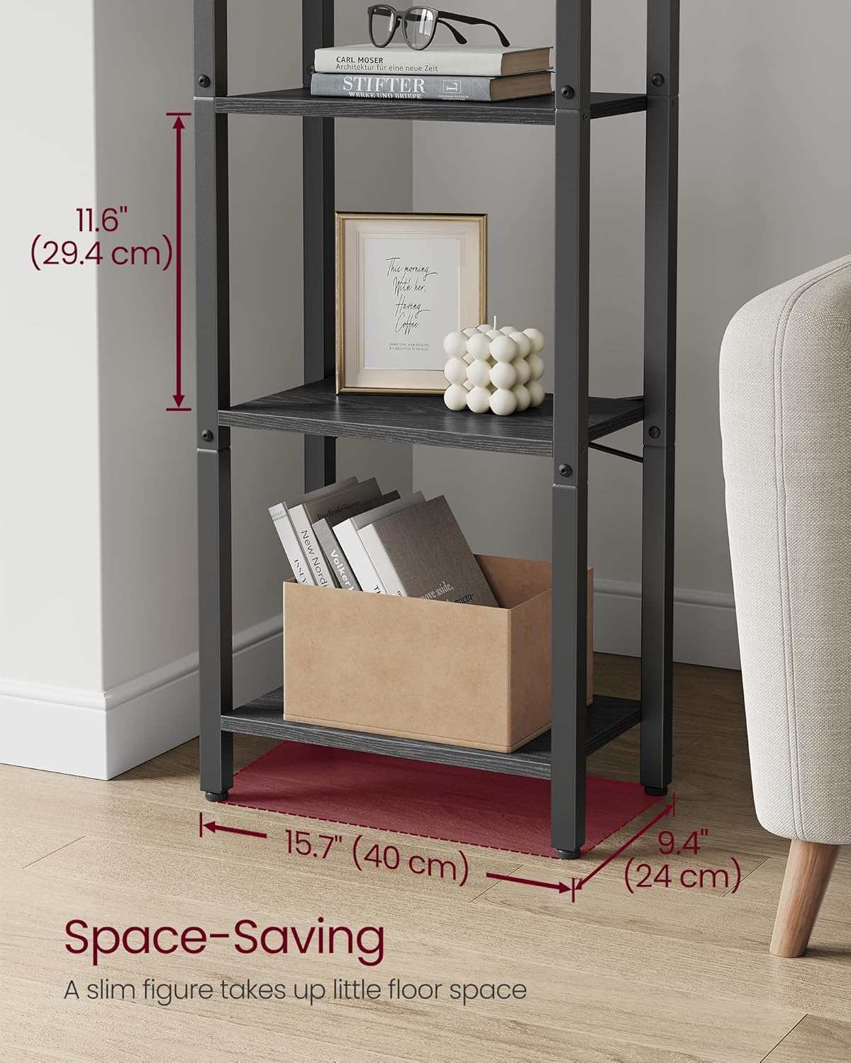 VASAGLE 4-Tier Bookshelf, Bookcase with Steel Frame, Book Shelf for Living Room, Home Office, Study, 9.4 x 15.7 x 42 Inches, Industrial Style, Ebony Black and Ink Black ULLS099B56